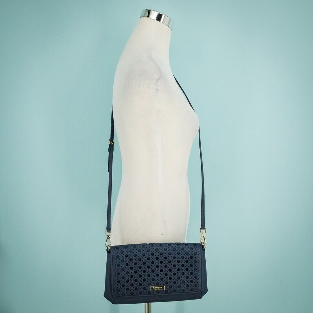 Kate Spade Blue Perforated Fold Over Magnetic Snap Closure Leather Crossbody Sho